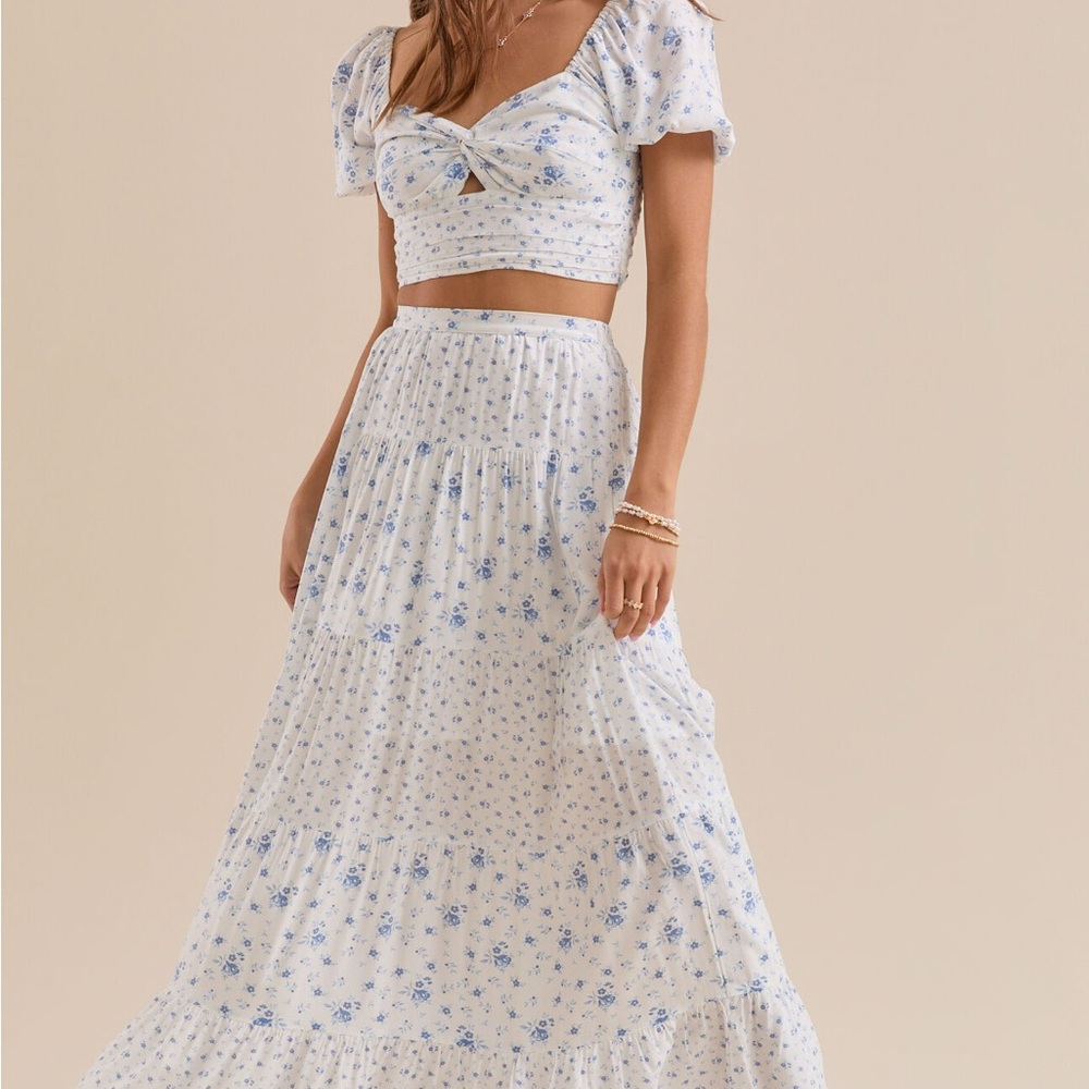 Altar’d State Maia White & Blue Floral Tiered Maxi Skirt and Crop Top Set